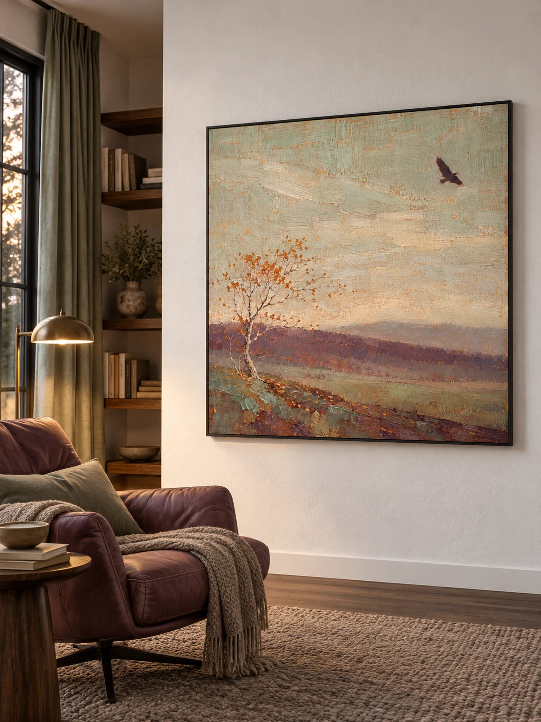 Minimalist Countryside Landscape Canvas Art With Lone Autumn Tree And Bird