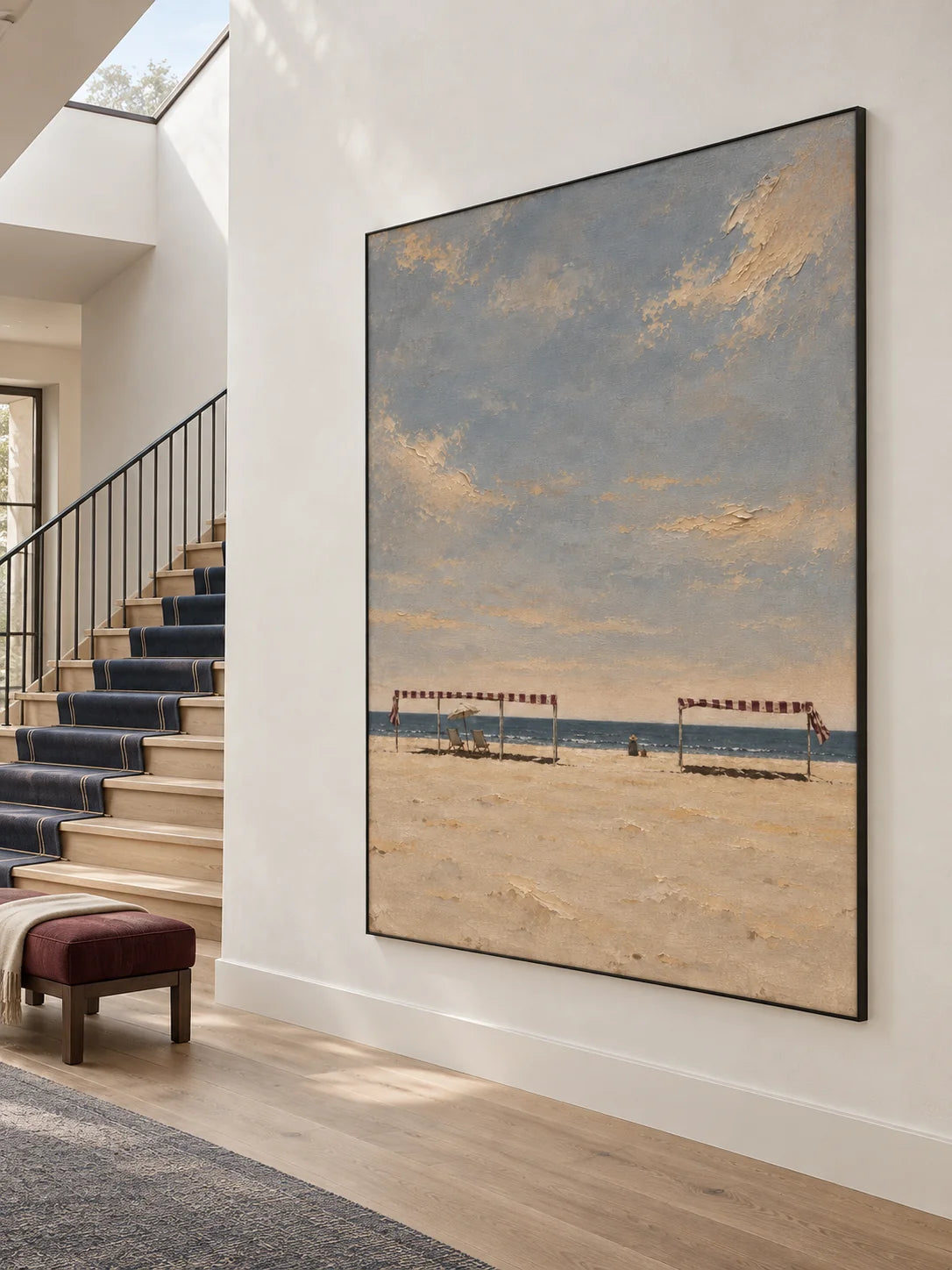 Serene Minimalist Beach Canvas Art In Blue And Beige For Bedroom Decor