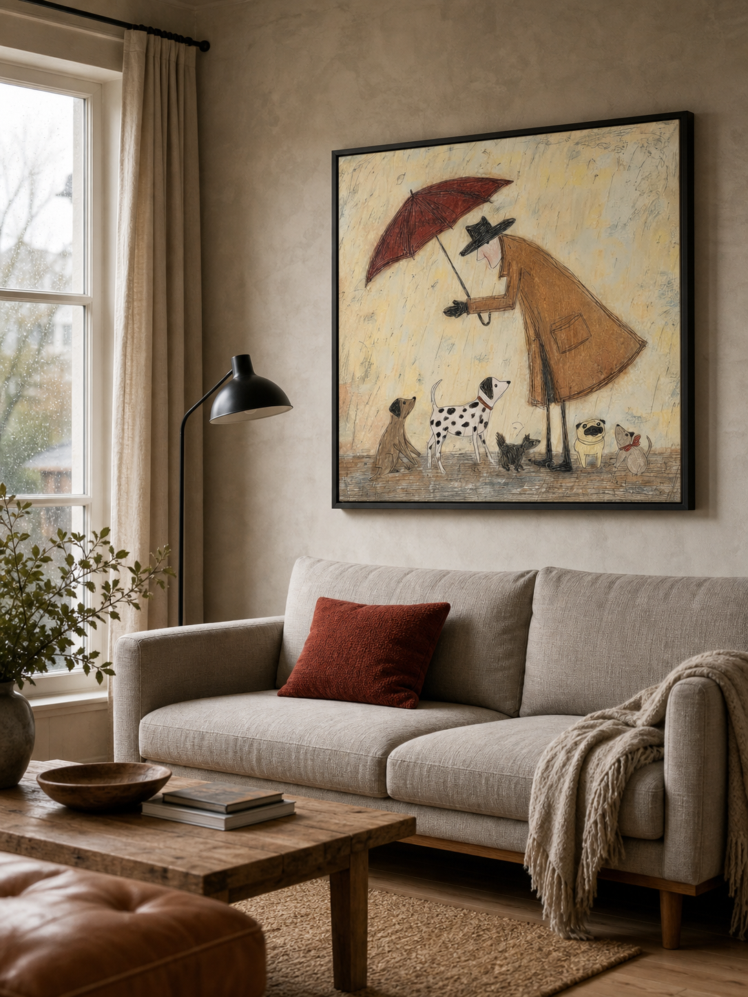Whimsical Man With Dogs Under Umbrella Minimalist Beige Square Canvas Art