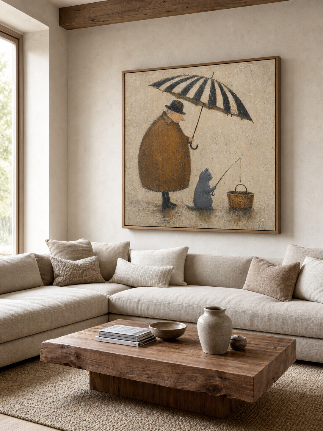 Whimsical Cat And Man Painting With Umbrella For Cozy Home Decor