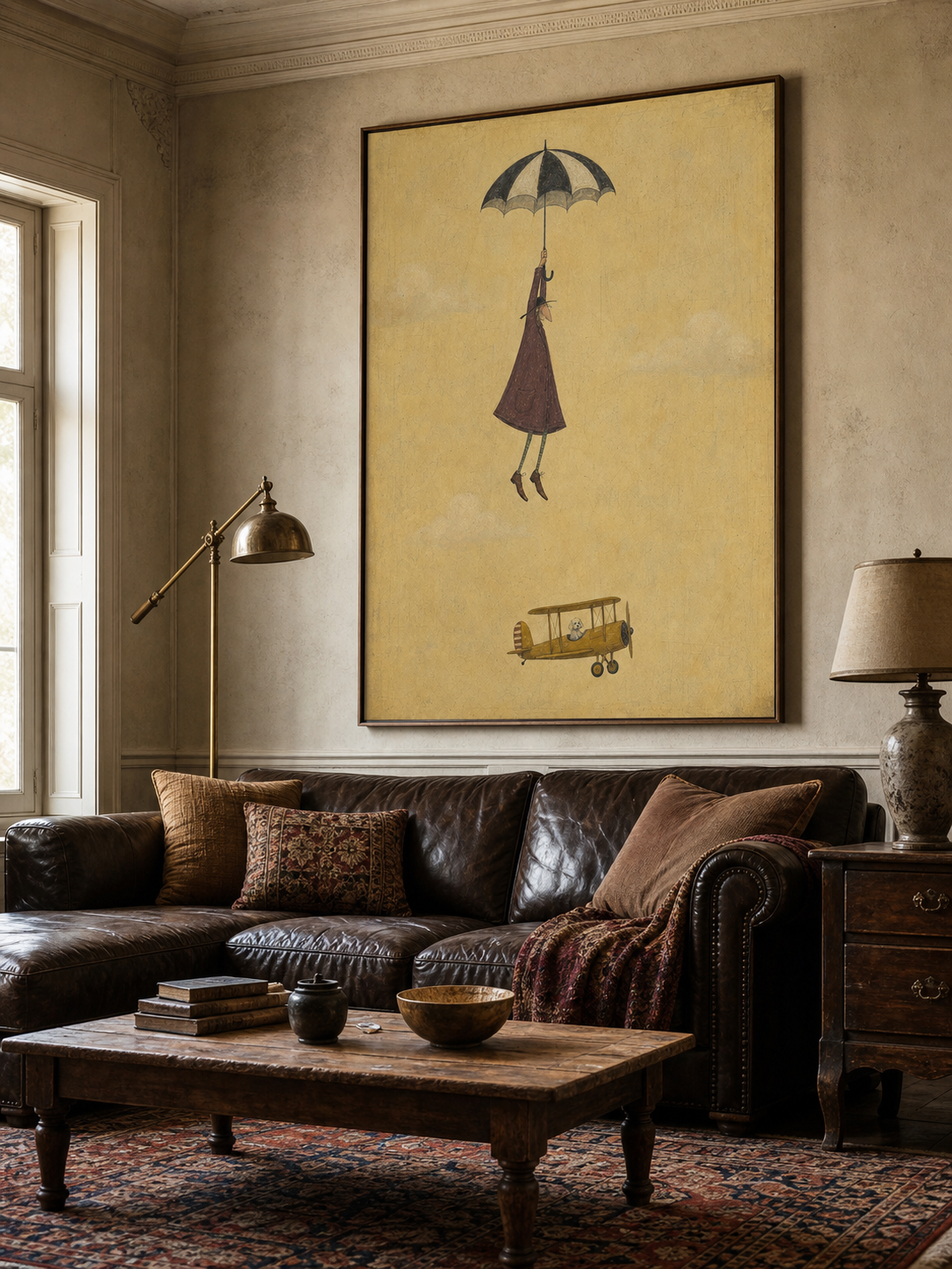 Vintage Style Minimalist Painting Of Flying Figure With Umbrella And Classic Yellow Airplane