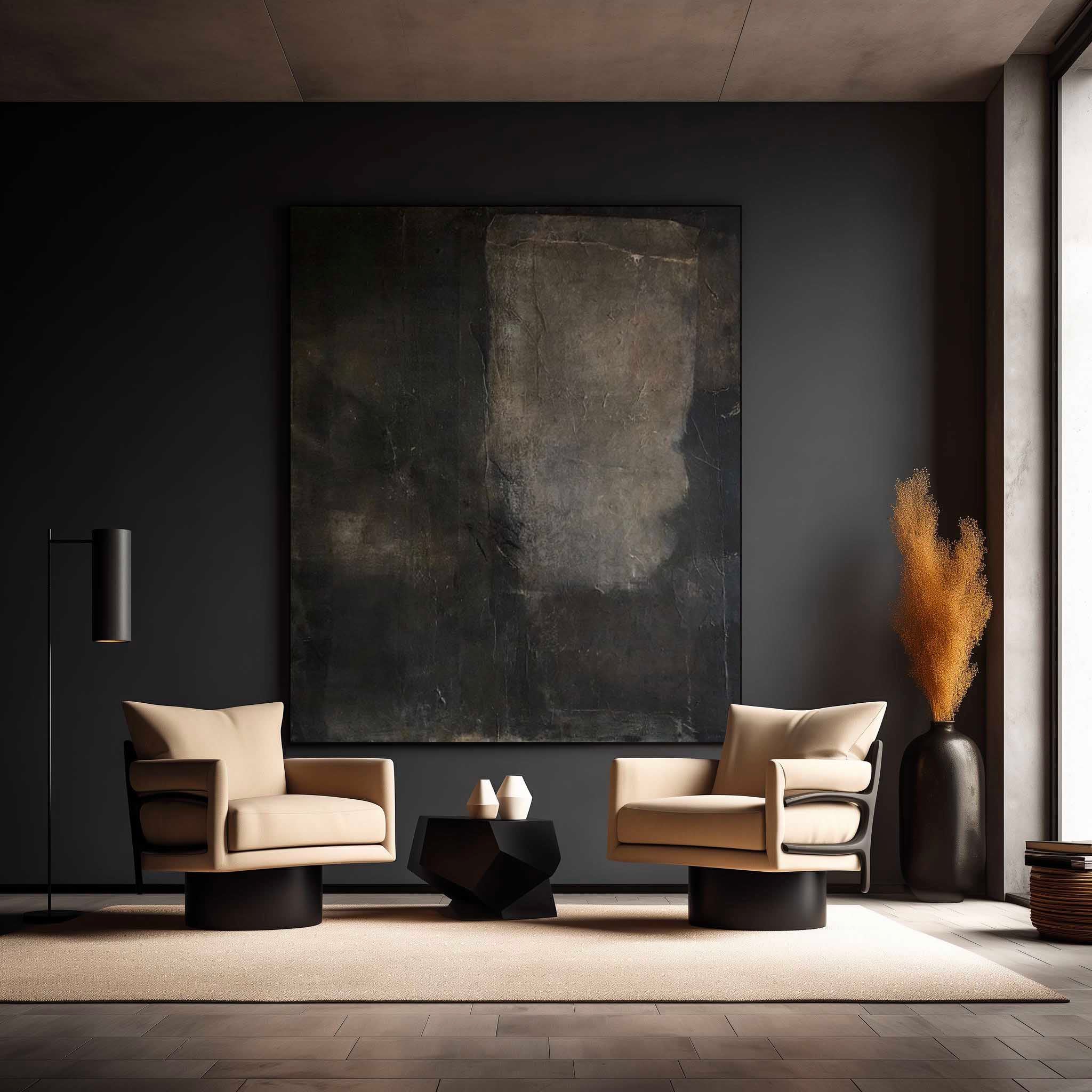 Black Minimalist Painting On Canvas Black Wabi Sabi Wall Decor Art Beige Plaster Textured Wall Art