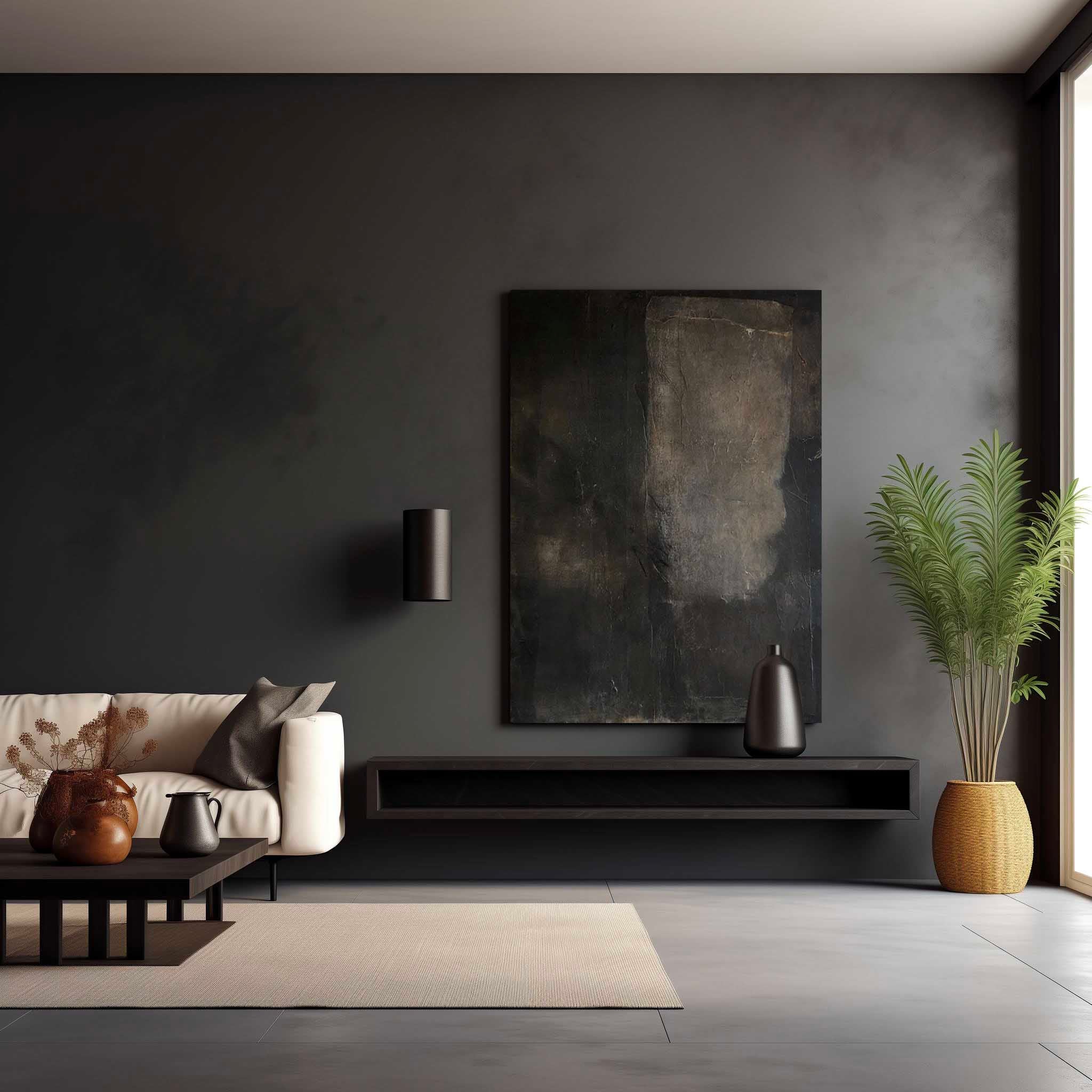 Black Minimalist Painting On Canvas Black Wabi Sabi Wall Decor Art Beige Plaster Textured Wall Art