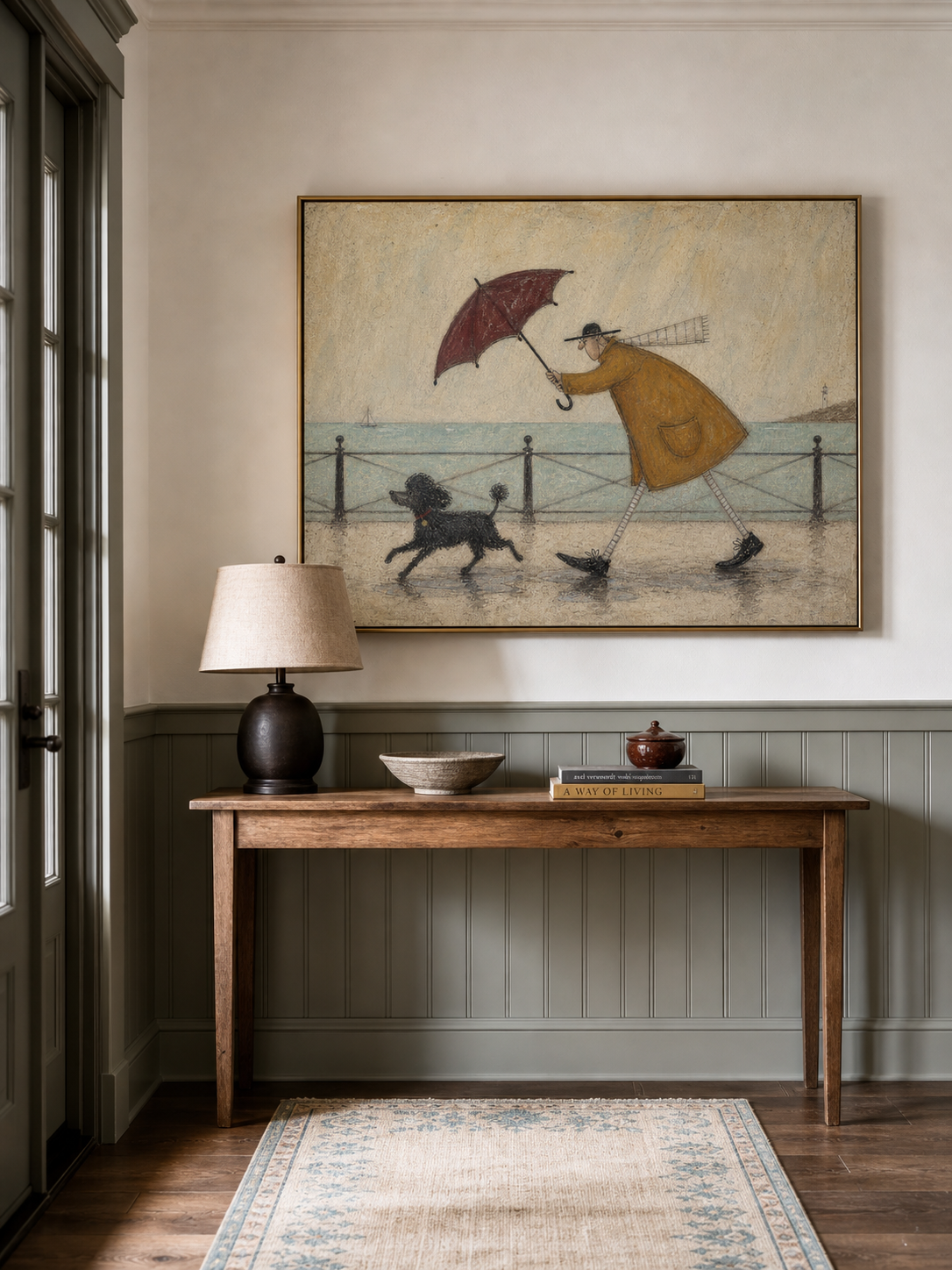 Whimsical Seaside Walk Painting With Dog For Coastal Home Decor
