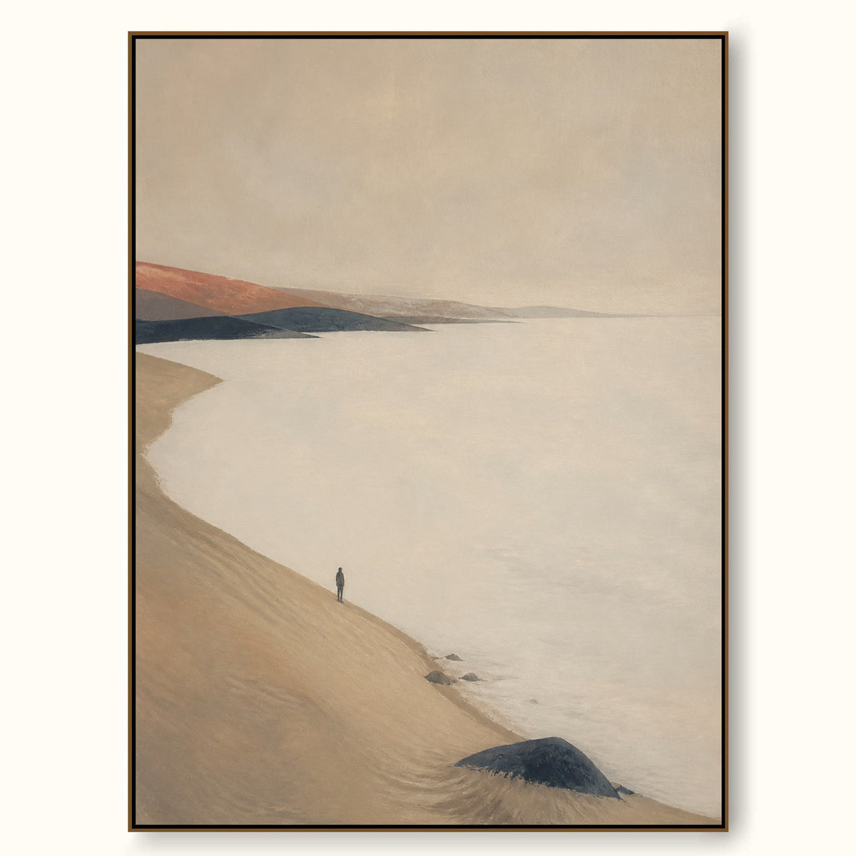 Lone Traveler On Coastal Dunes Hand-Painted Canvas Art In Beige And Grey