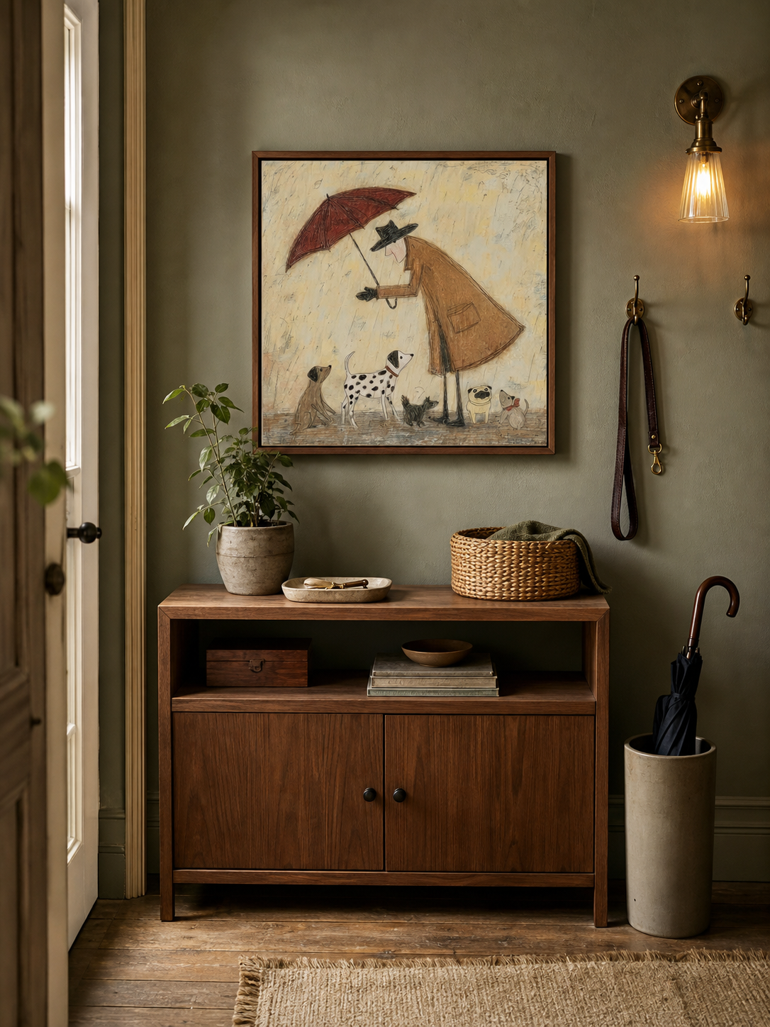 Whimsical Man With Dogs Under Umbrella Minimalist Beige Square Canvas Art