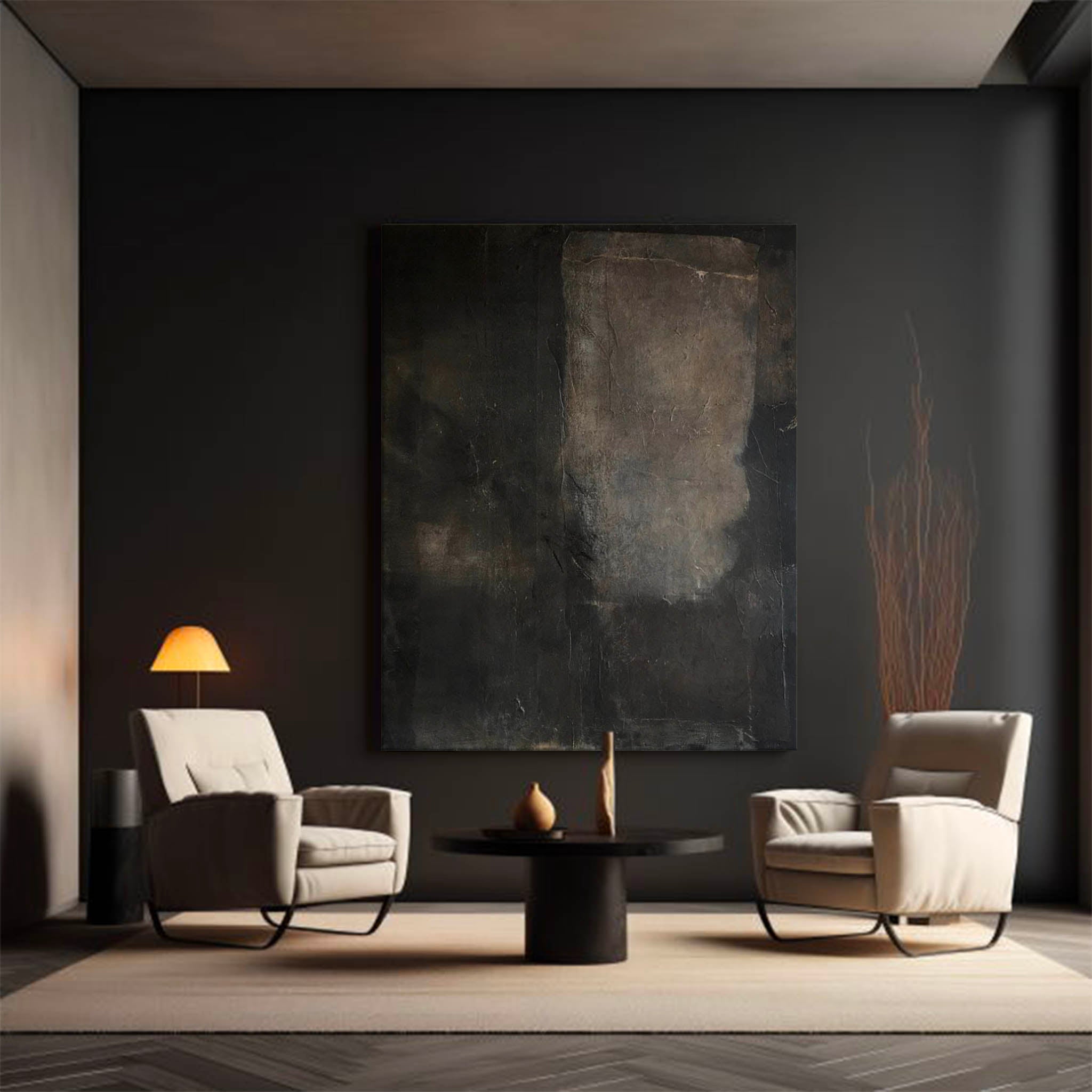 Black Minimalist Painting On Canvas Black Wabi Sabi Wall Decor Art Beige Plaster Textured Wall Art