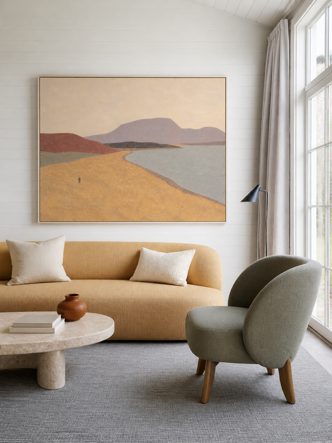 Golden Earth Tone Minimalist Shoreline And Layered Mountains Wall Decor