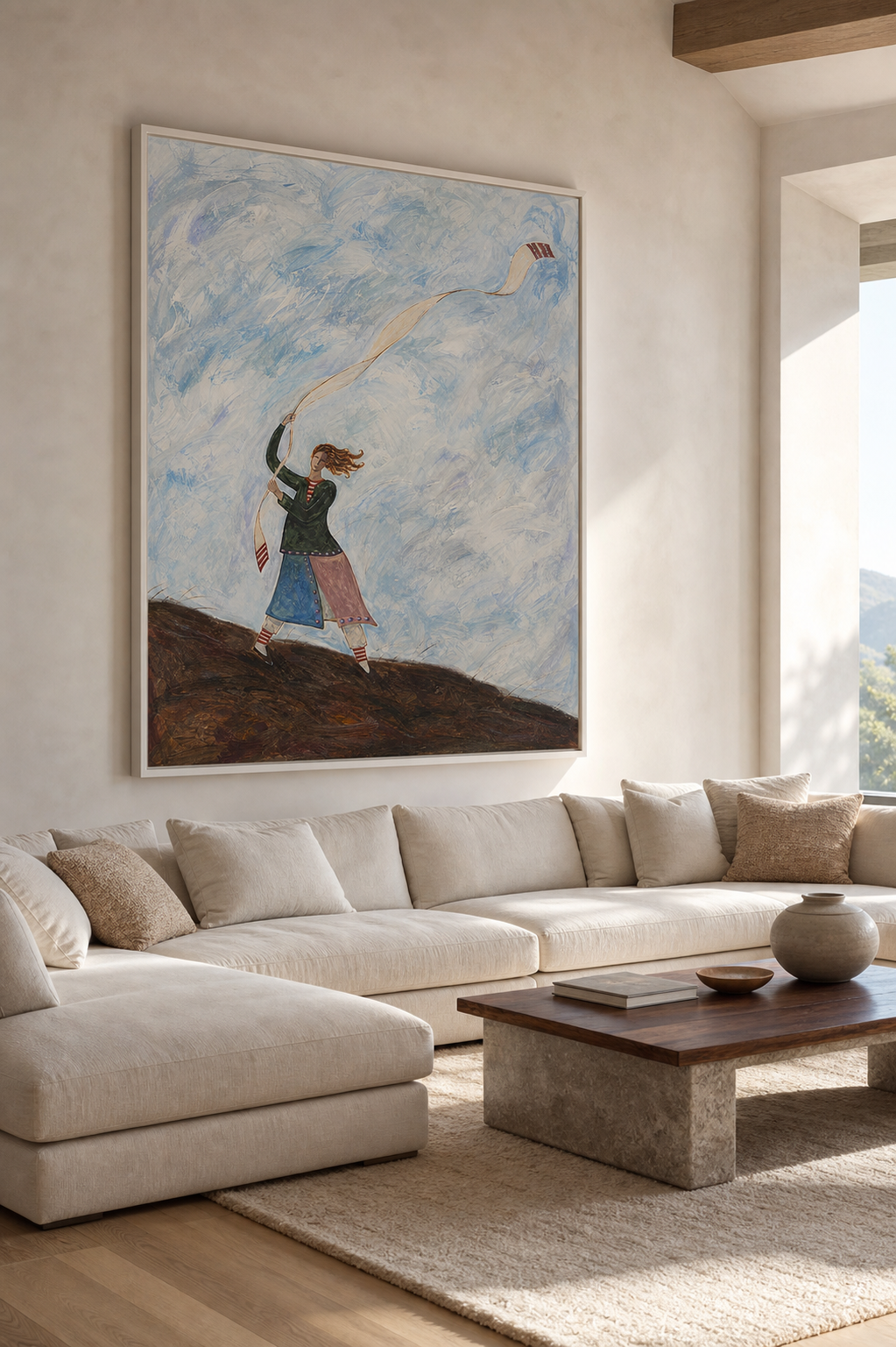 Hand Painted Flowing Ribbon Painting Bohemian Motion Wall Art Naive Figurative Artwork