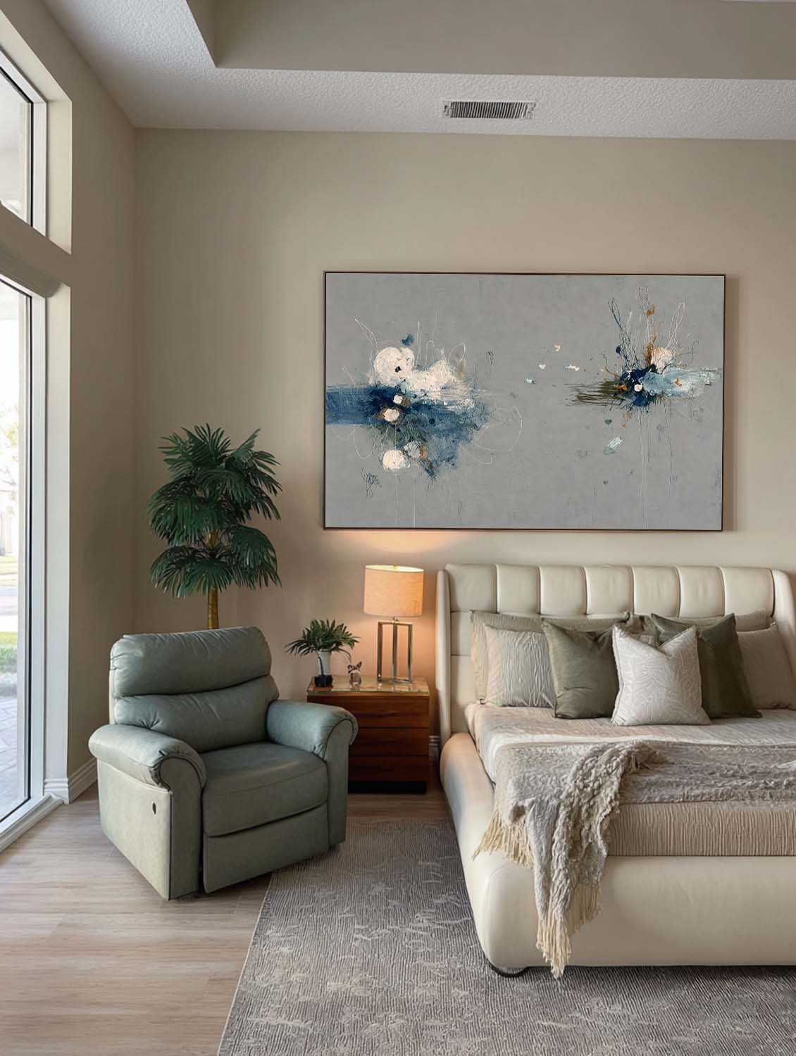 Large Horizontal Abstract Grey Blue Painting For Modern Living Room Decor
