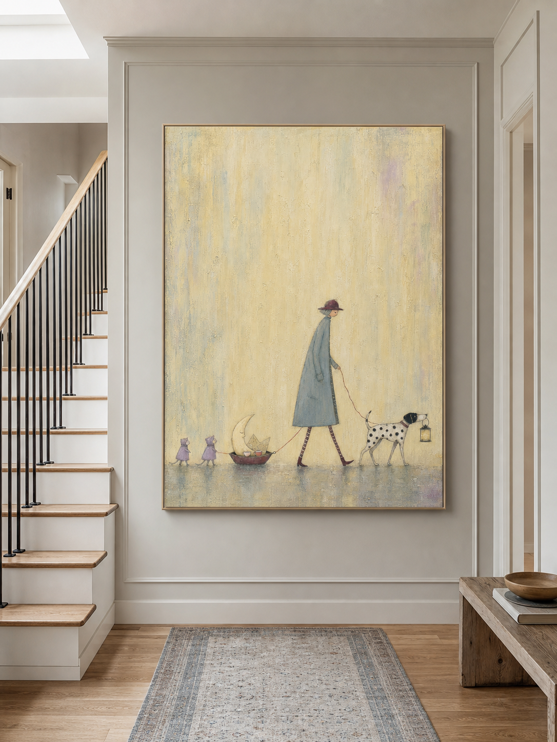 Whimsical Dog And Moon Art For Kids Room Naive Folk Painting