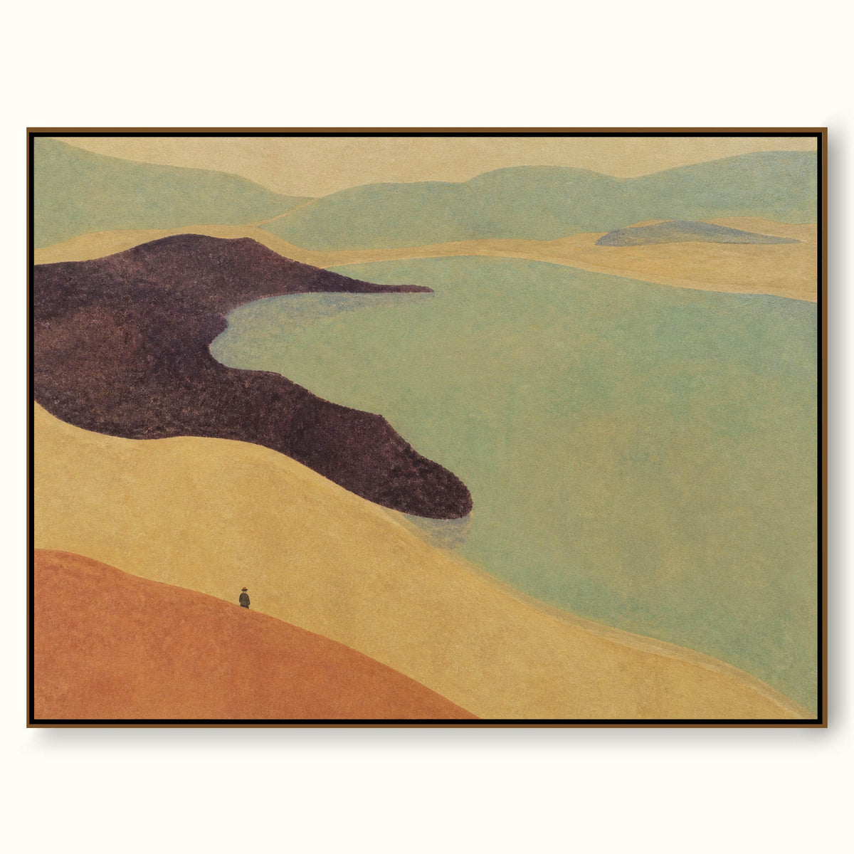Earth Tone Teal Lake Canvas Art With Lone Figure For Modern Living Room Decor