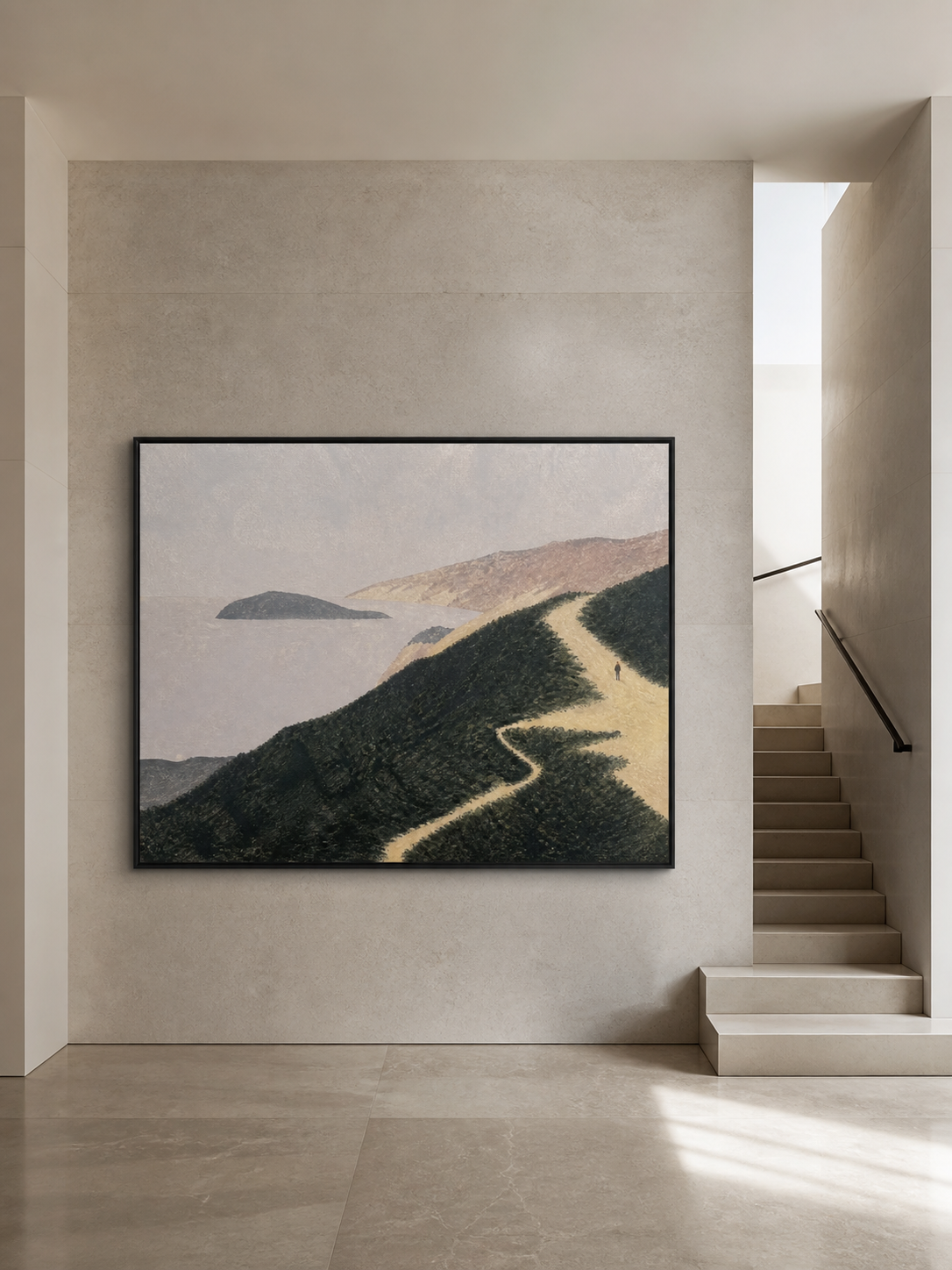 Minimalist Landscape Painting With Lone Figure On Coastal Path Hand-Painted Canvas Art