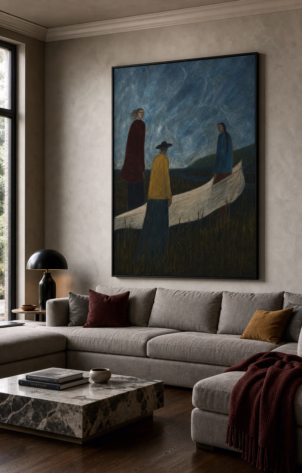 Vintage Folk Art Painting Of People With Boat For Rustic Wall Decor