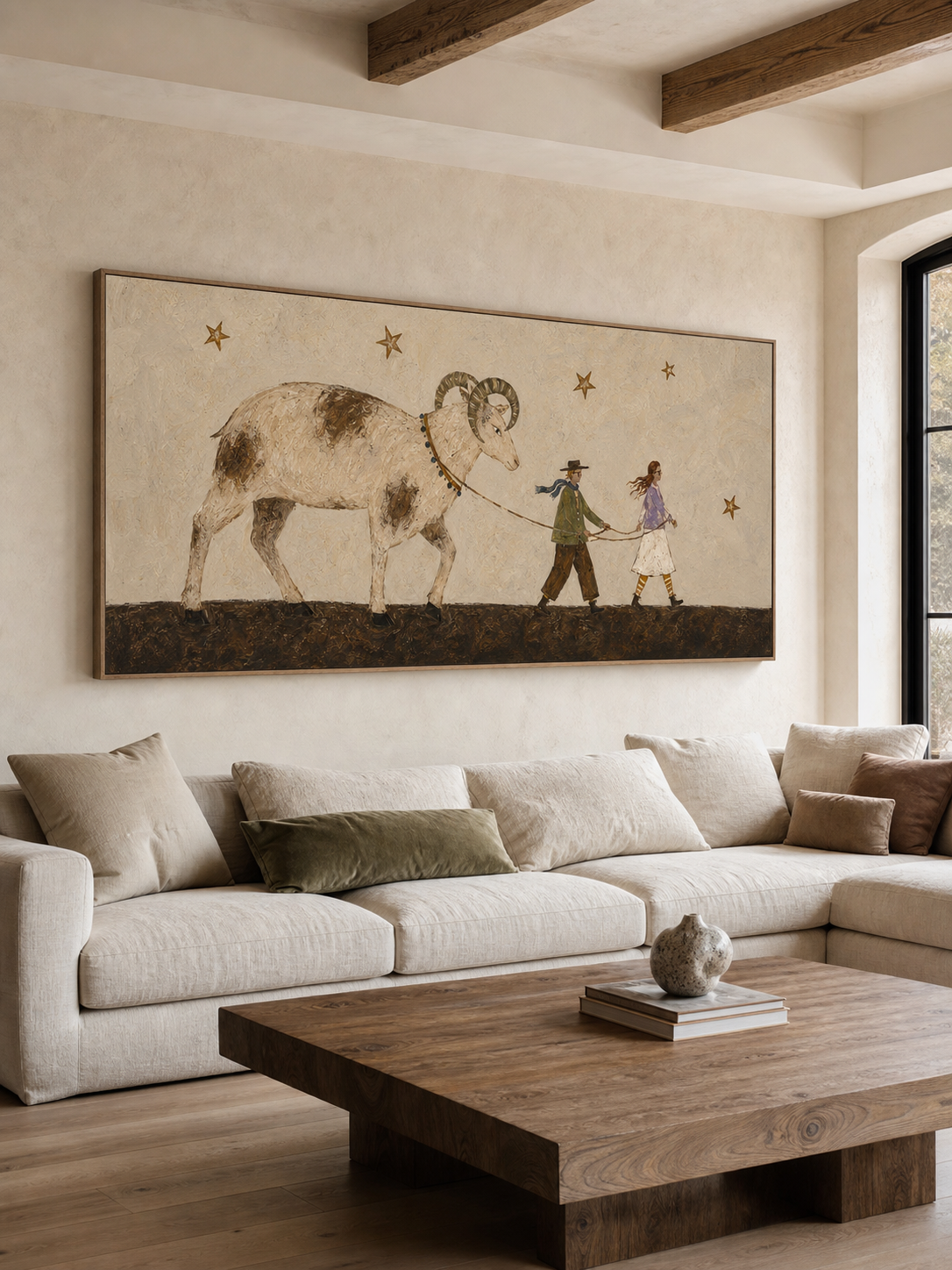 Hand Painted Folk Goat Journey Painting Bohemian Symbolic Wall Art Naive Mythic Story Artwork