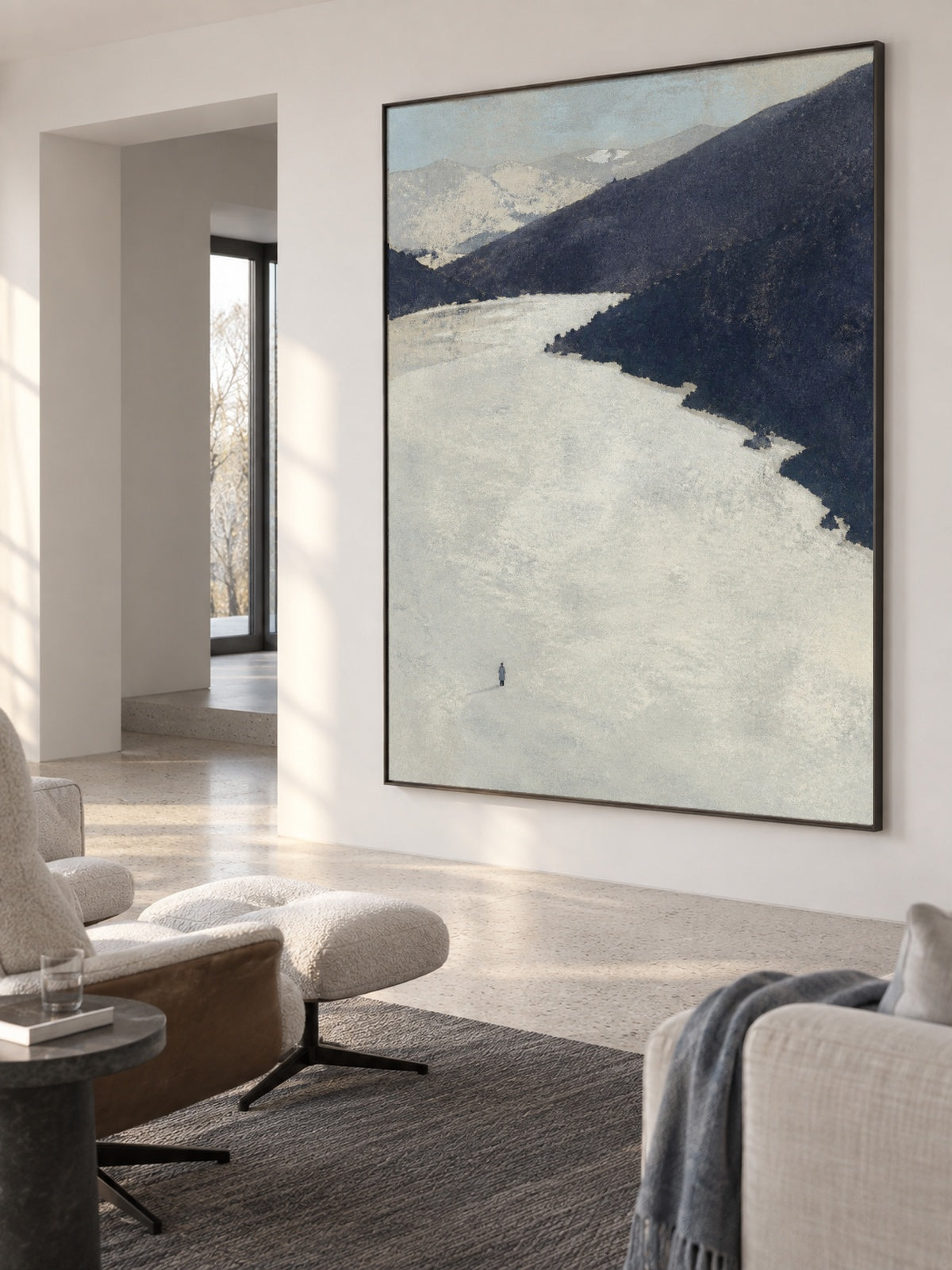 Neutral Winter Lake And Snow Covered Valley Canvas Wall Art For Bedroom