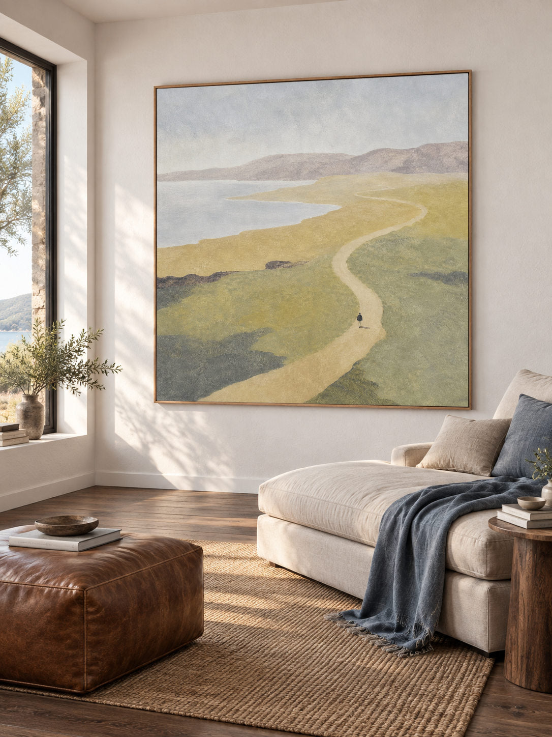Minimalist Winding Lakeside Path Canvas Art With Lone Walker For Office Decor