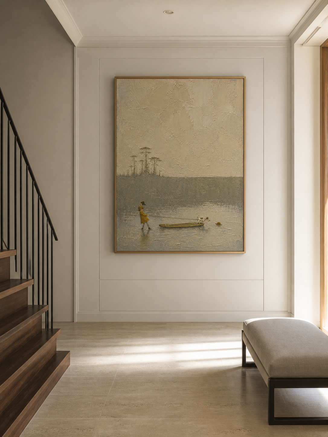 Vintage Girl And Dog Travel Canvas Painting In Beige And Grey