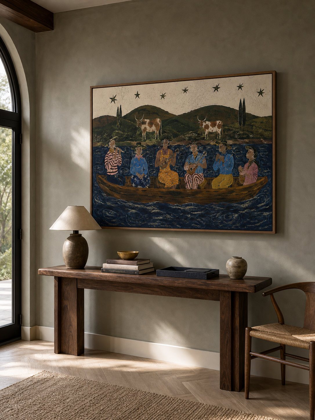 Handmade Folk Art Oil Painting With Musicians On Boat Vintage Bohemian Figurative Painting