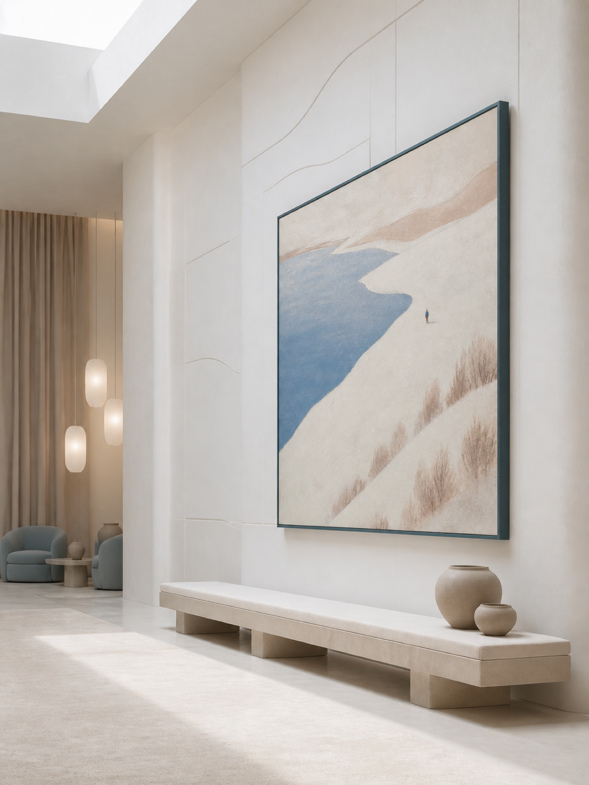 Oversized Ivory Shoreline With Winding Blue Water Contemporary Canvas Art