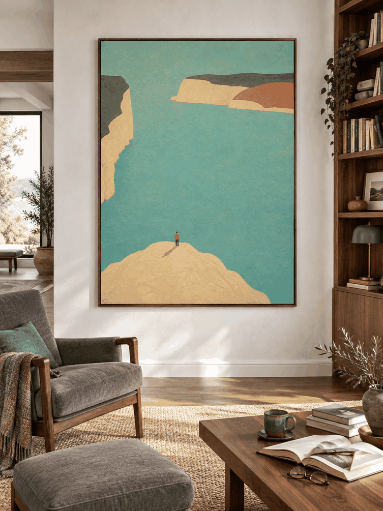 Large Aqua Coastal Landscape Wall Art With Cream Cliffs For Living Room Decor
