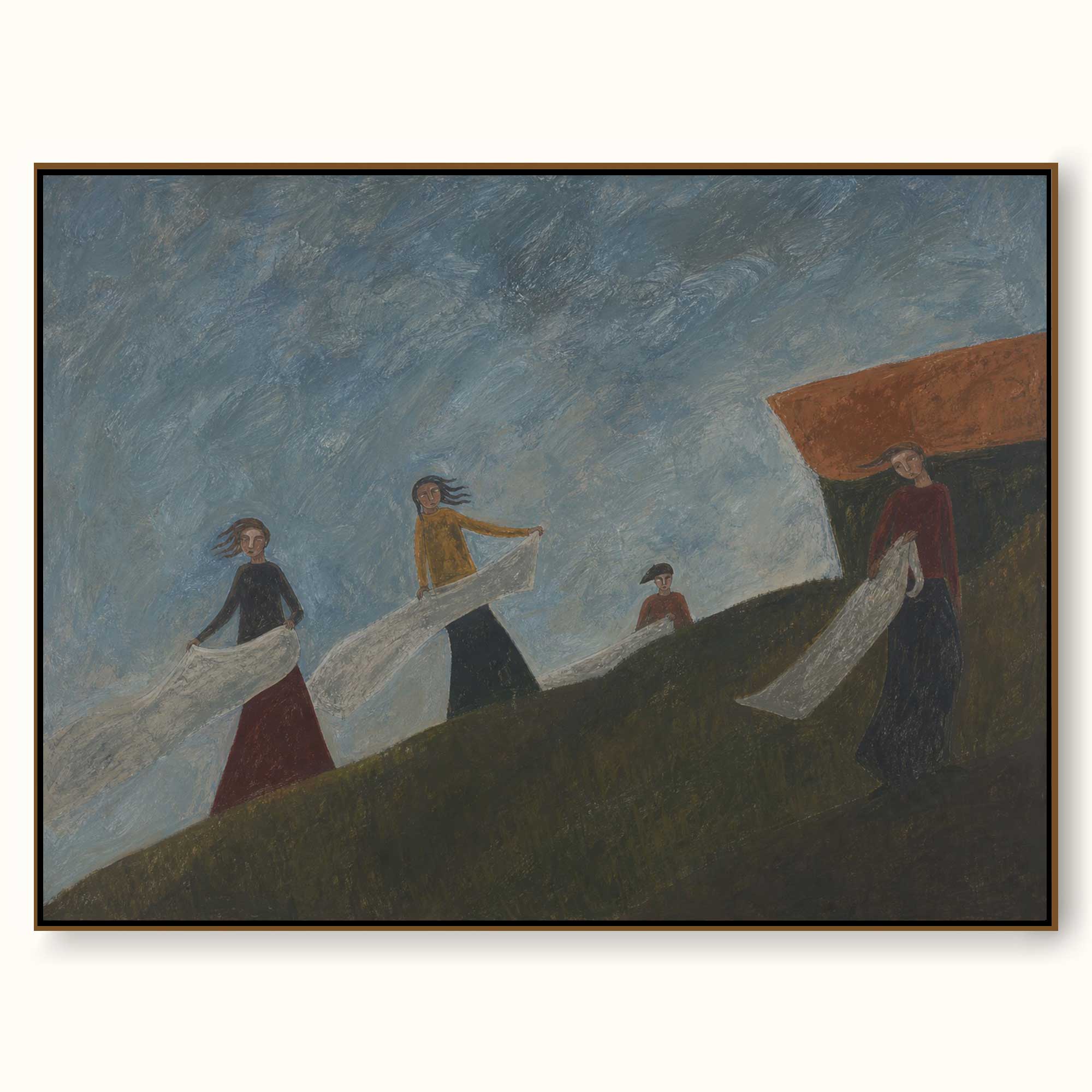 Expressive Modernist Oil Painting Of People And Nature With Dynamic Wind Motion