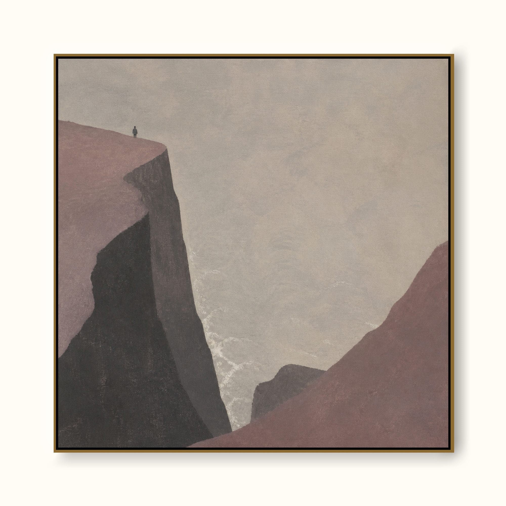 Coastal Cliff Figure Hand-Painted Canvas Art In Beige And Gray Tones