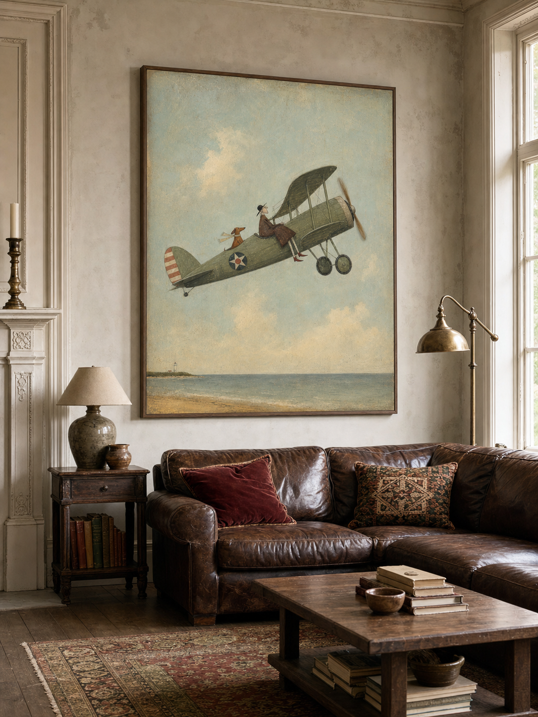 Vintage Airplane Painting Coastal Scene Original Art For Home Decor