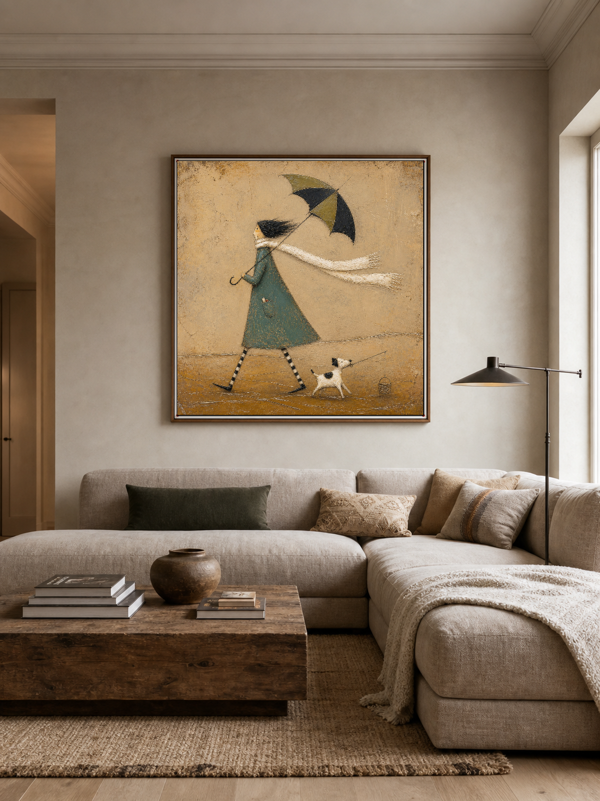 Original Hand Painted Umbrella Dog Fishing Painting Whimsical Storybook Wall Art