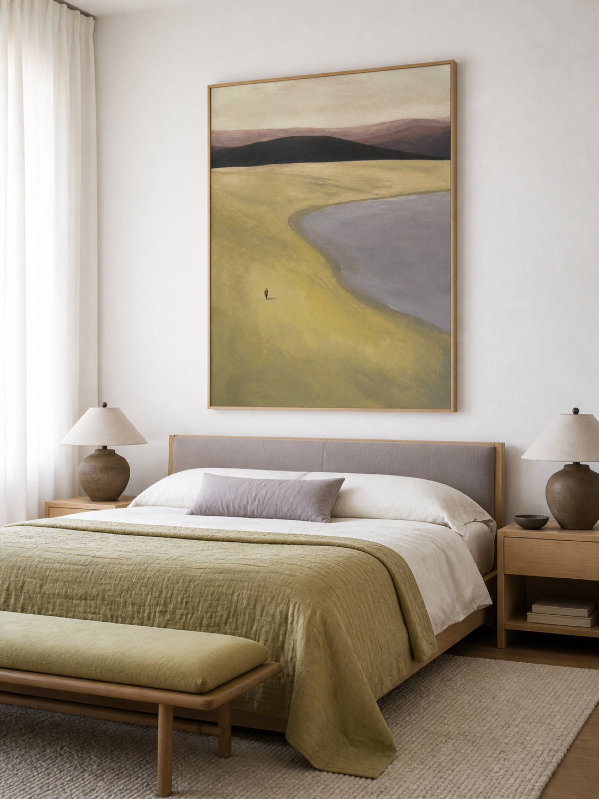 Olive Green Lakeside With A Lone Walker And Distant Hills Framed Painting