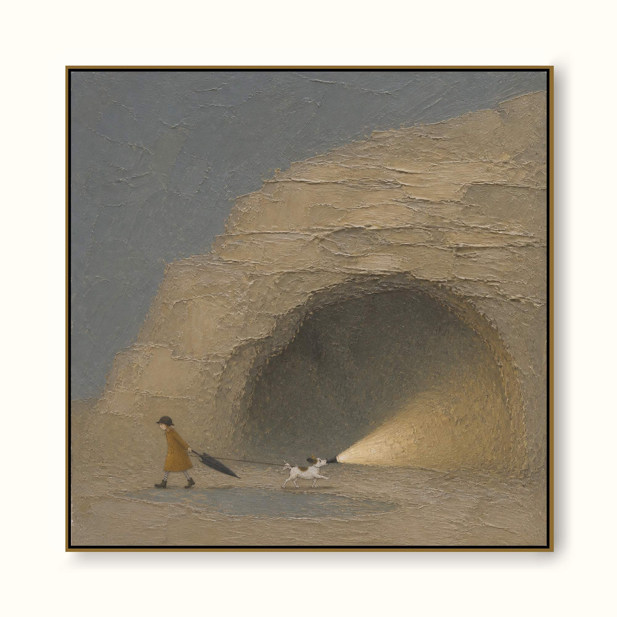 Textured Coastal Travel Art With Surreal Cave Scene In Beige And Grey Tones For Living Room
