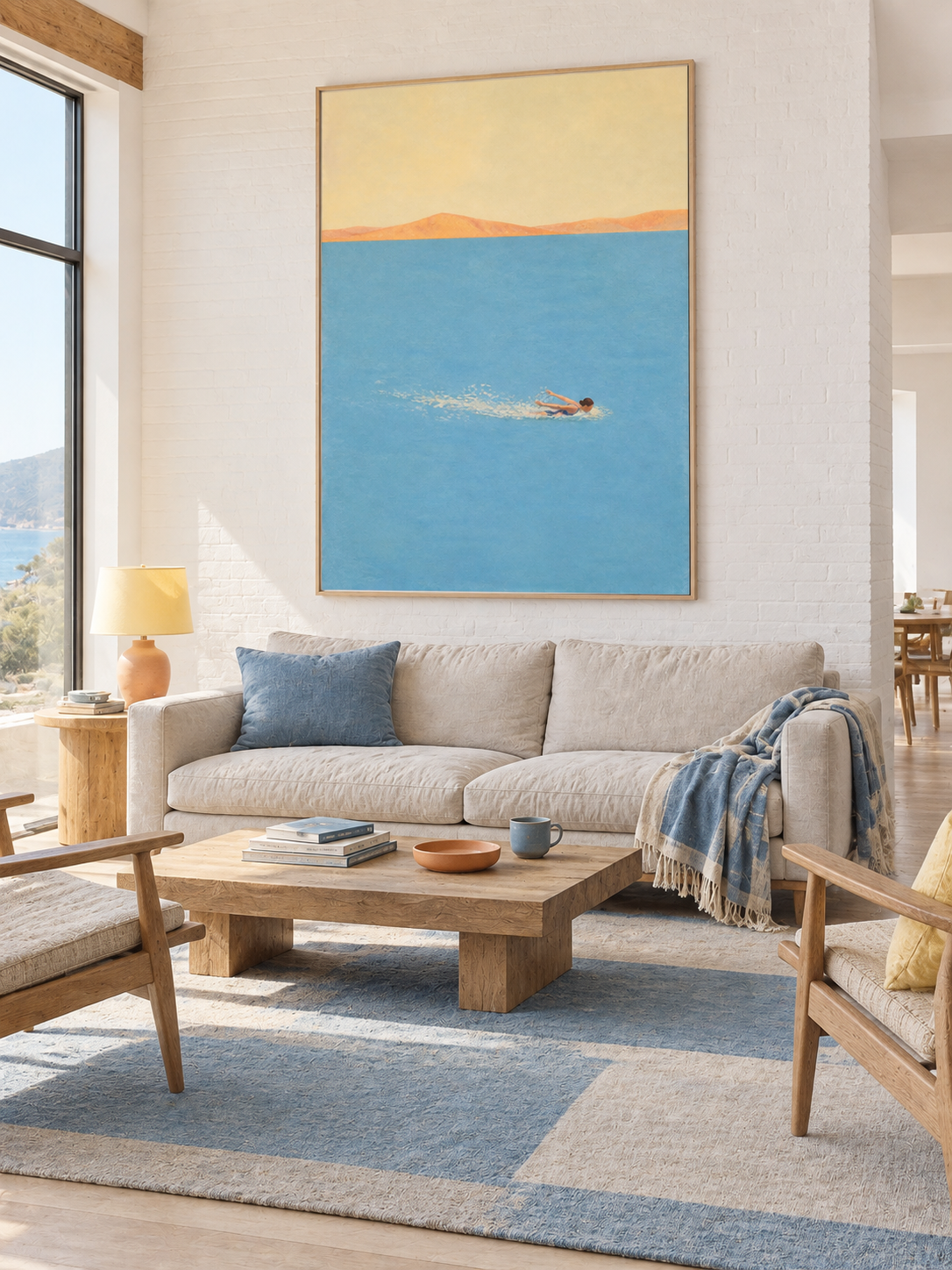 Woman Breaststroke Swimming In Blue Open Water Hand Painted Coastal Wall Art