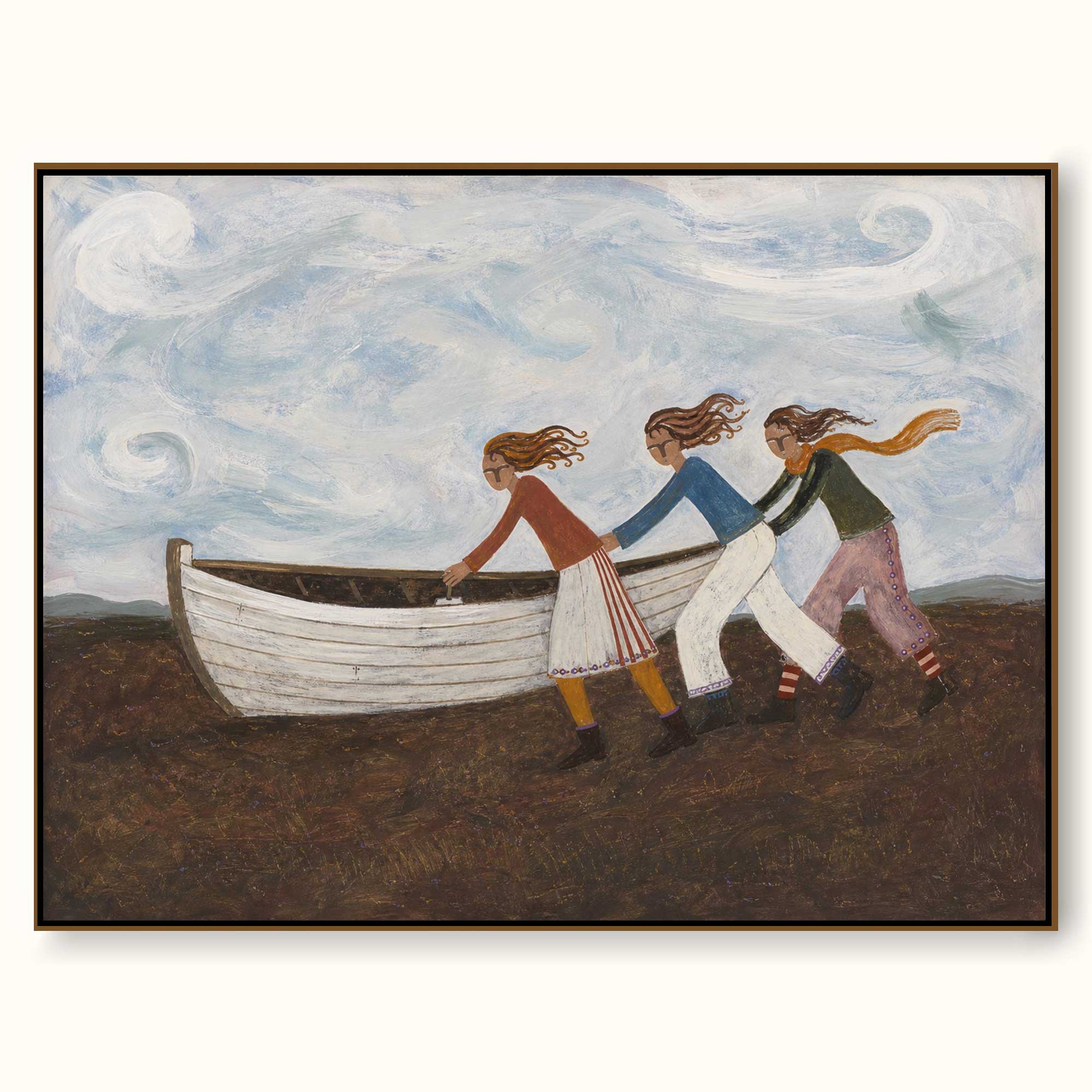 Vintage Folk Art Painting Of People Launching Boat For Coastal Home Decor