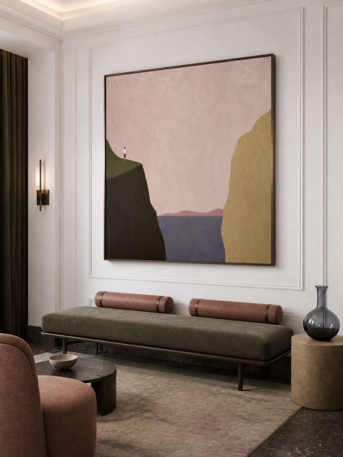Modern Coastal Wall Art For Living Room With Earth Tones And Pink Hue