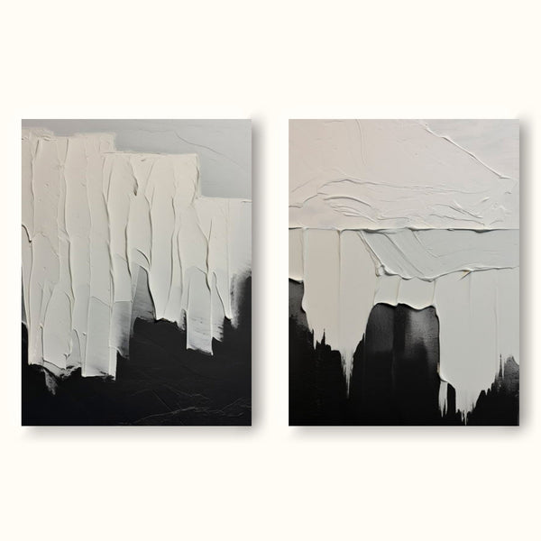 Minimalist White And Black Painting Large Black Wall Art Set of 2 White And Black Textured Wall Art