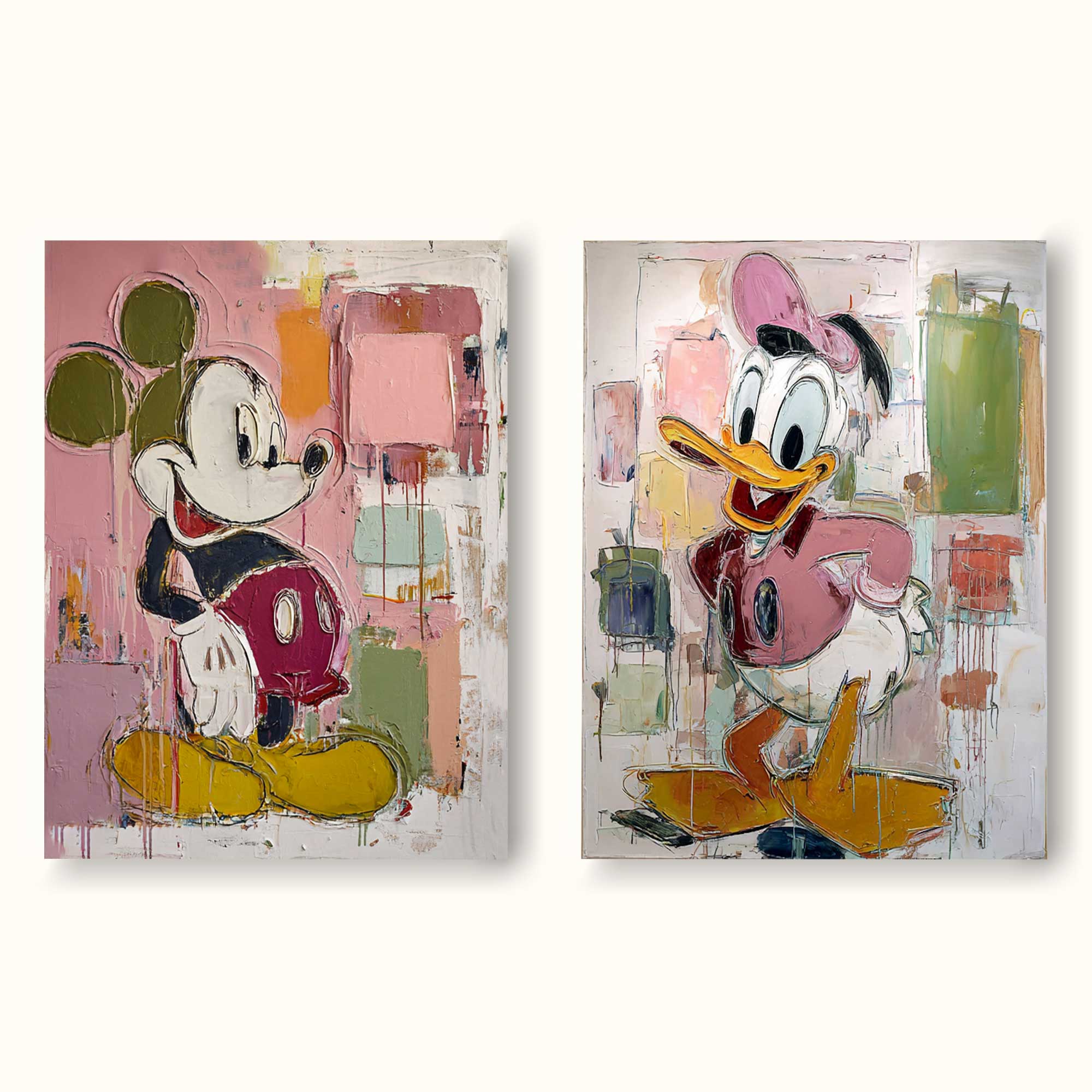 Modern Set Of 2 Multicolor Cartoon Abstract Oil Painting Minimalist Set Of 2 Cartoon Abstract Painting Colorful Mickey And Donald Painting