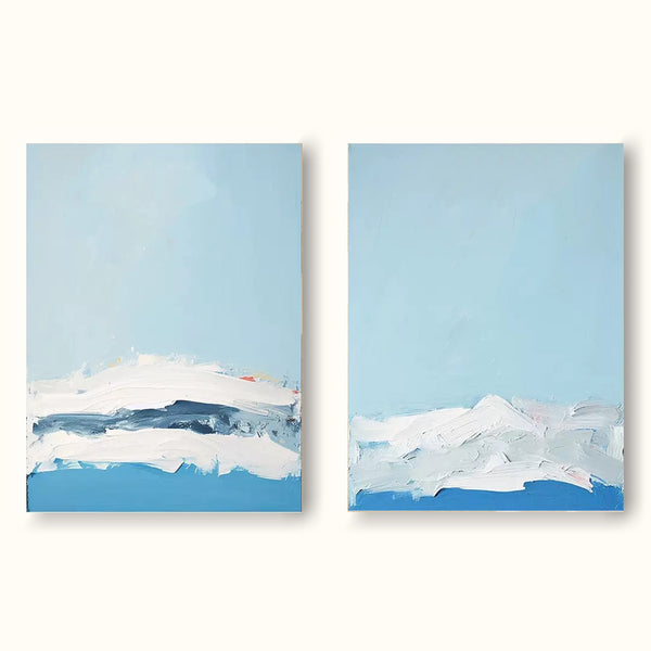 2 Piece Minimalist Painting Blue And White Landscape Minimalist Canvas Art Framed For Living Room