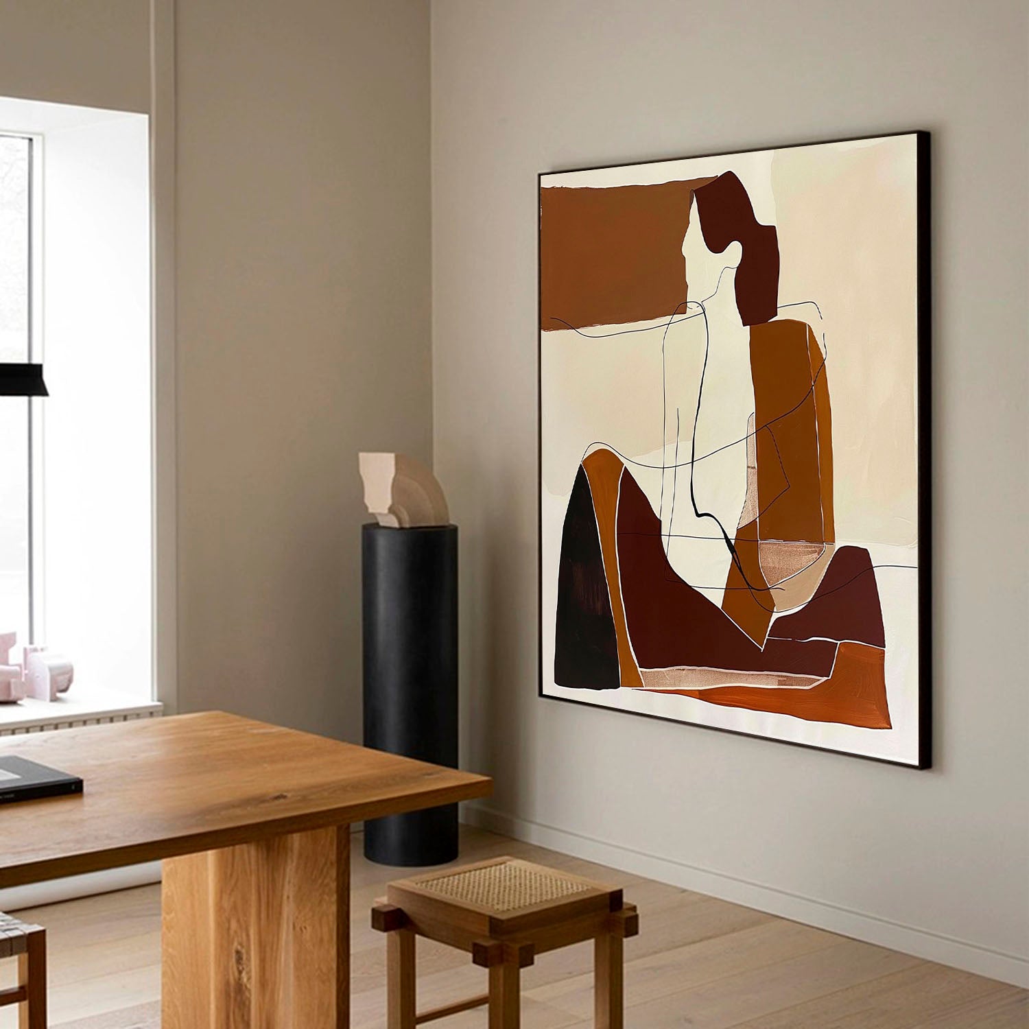 Vintage Minimalist Art Vintage Human Art Large Beige And Brown Abstract Lady Painting Original Woman Face
