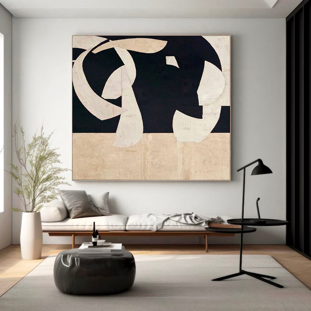 Large Beige And Black Minimalist Abstract Painting Black Beige Textured ...