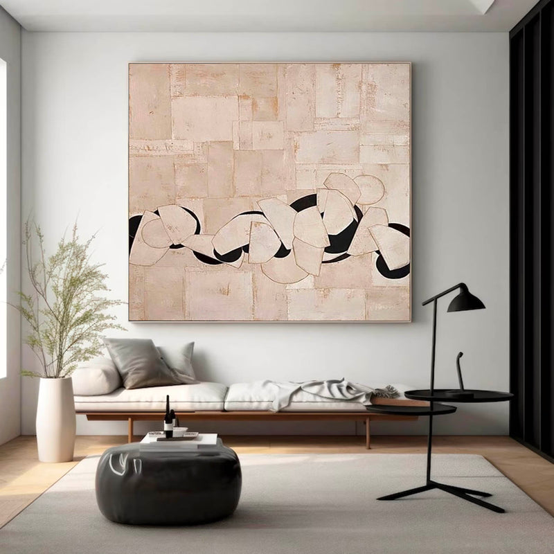 Large Minimalist Beige Canvas Painting Black Beige Textured Wall Art Wabi Sabi Wall Painting