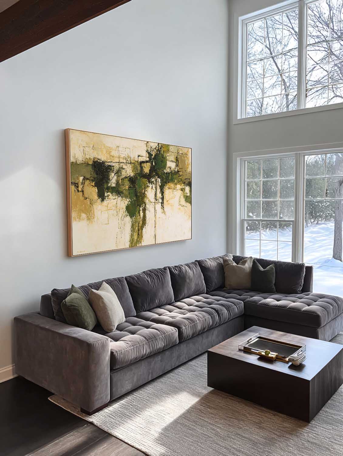 Horizontal Olive Green Abstract Painting Large Horizontal Green And Beige Abstract Art Contemporary Textured Wall Decor