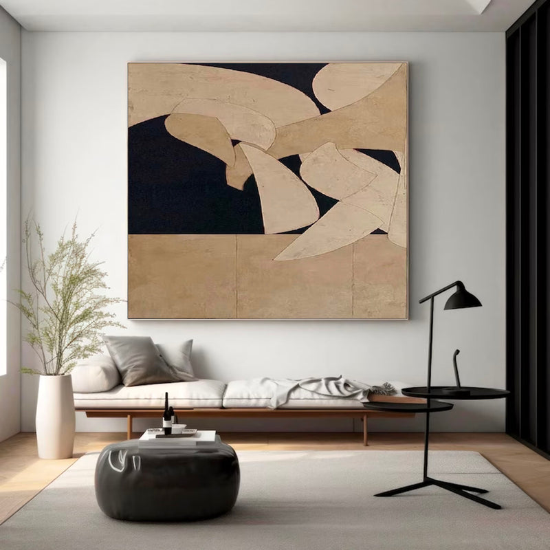 Brown And Black Abstract Painting On Canvas Beige And Black Minimalist Oil Painting