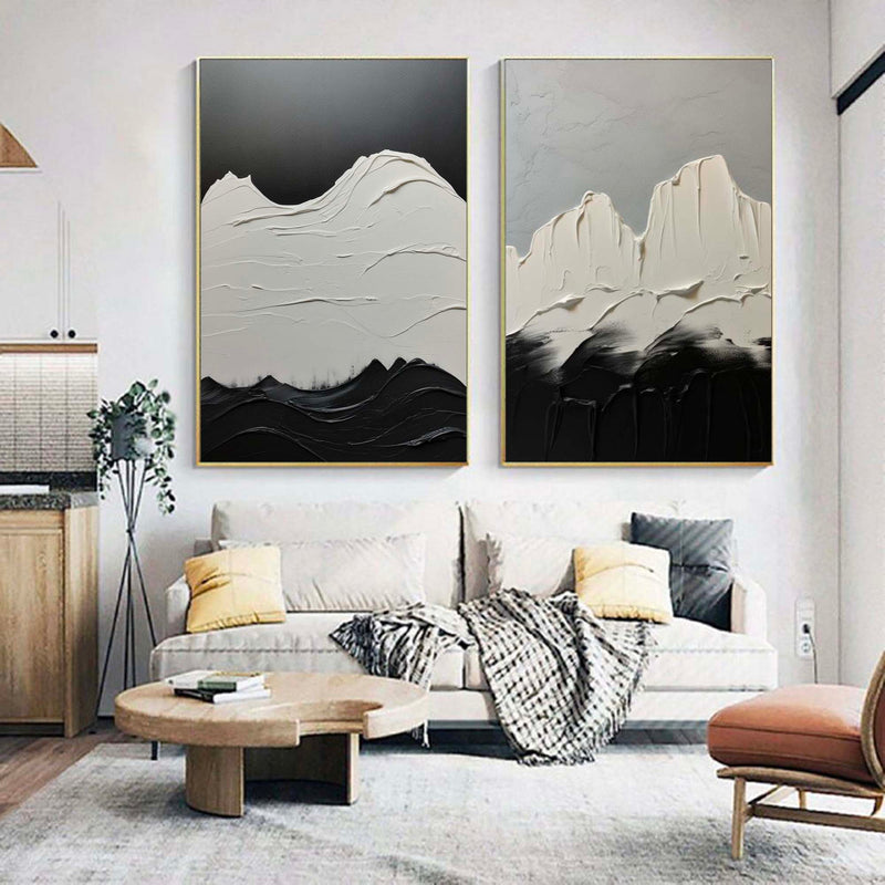 Set Of 2 Minimalist Canvas Painting White And Black Minimalist Acrylic Painting Black and White Abstract Art
