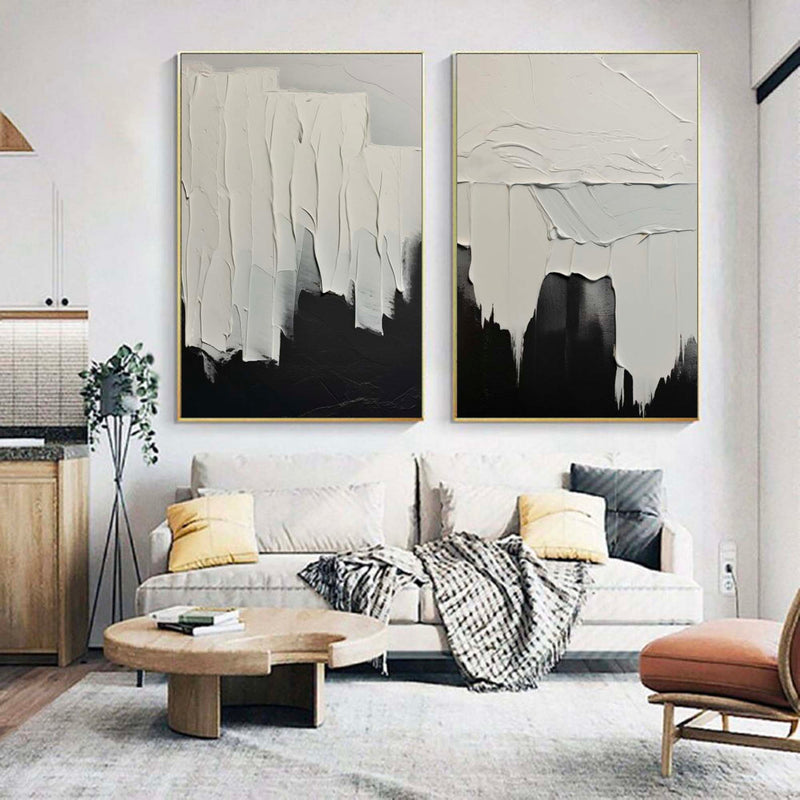 Minimalist White And Black Painting Large Black Wall Art Set of 2 White And Black Textured Wall Art