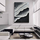 3d Black White Wave Painting On Canvas Minimalist Black And White Ocean Texture Wall Art