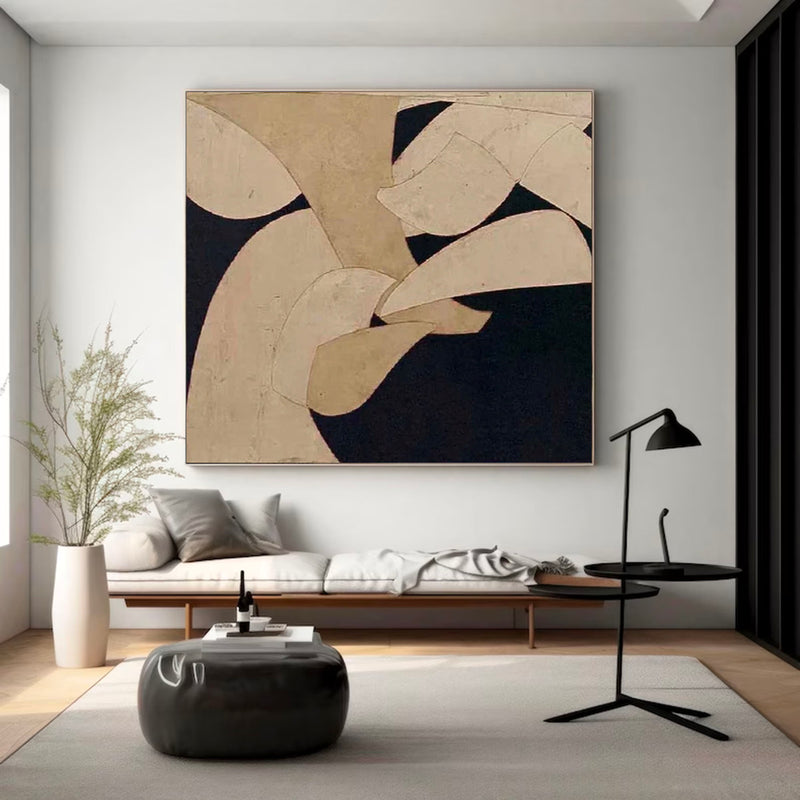  Neutral Beige & Black Painting On Canvas Large Minimalist Beige Canvas Painting