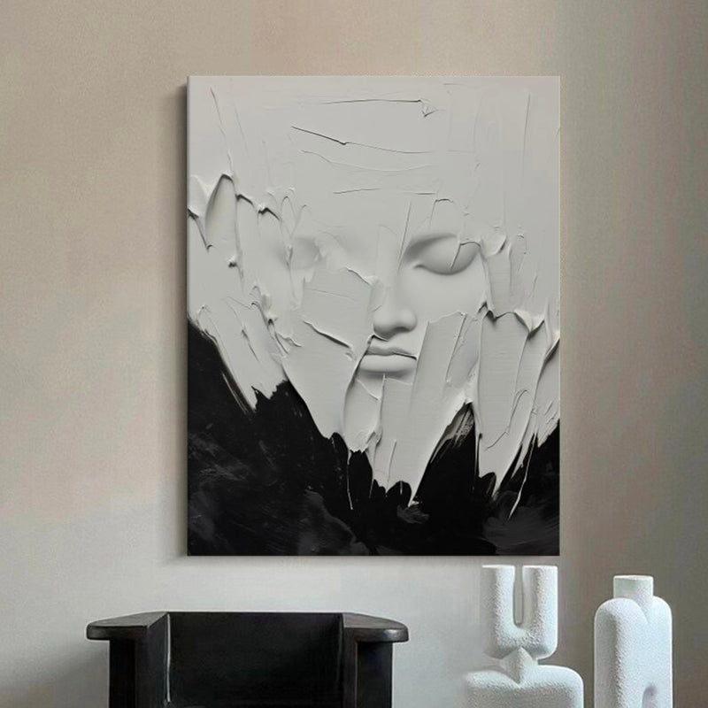 Minimalist Black And White Face Texture Painting Black And White Wabi-Sabi Wall Art