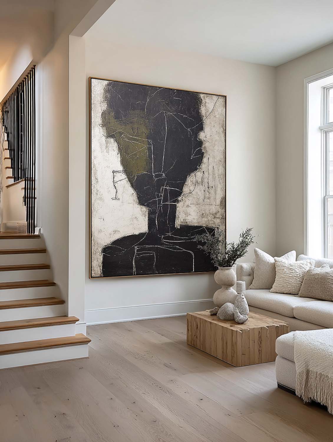 Beige Black Abstract Human Figure Painting Original Hand Painted Figure Oil Artwork On Canvas Neutral Figure Abstract Painting