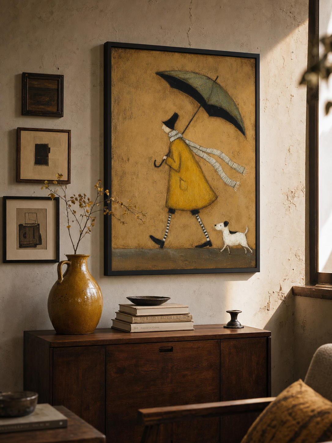 Large Whimsical Man And Dog Oil Painting Hand-Painted Quirky Dog Oil Painting