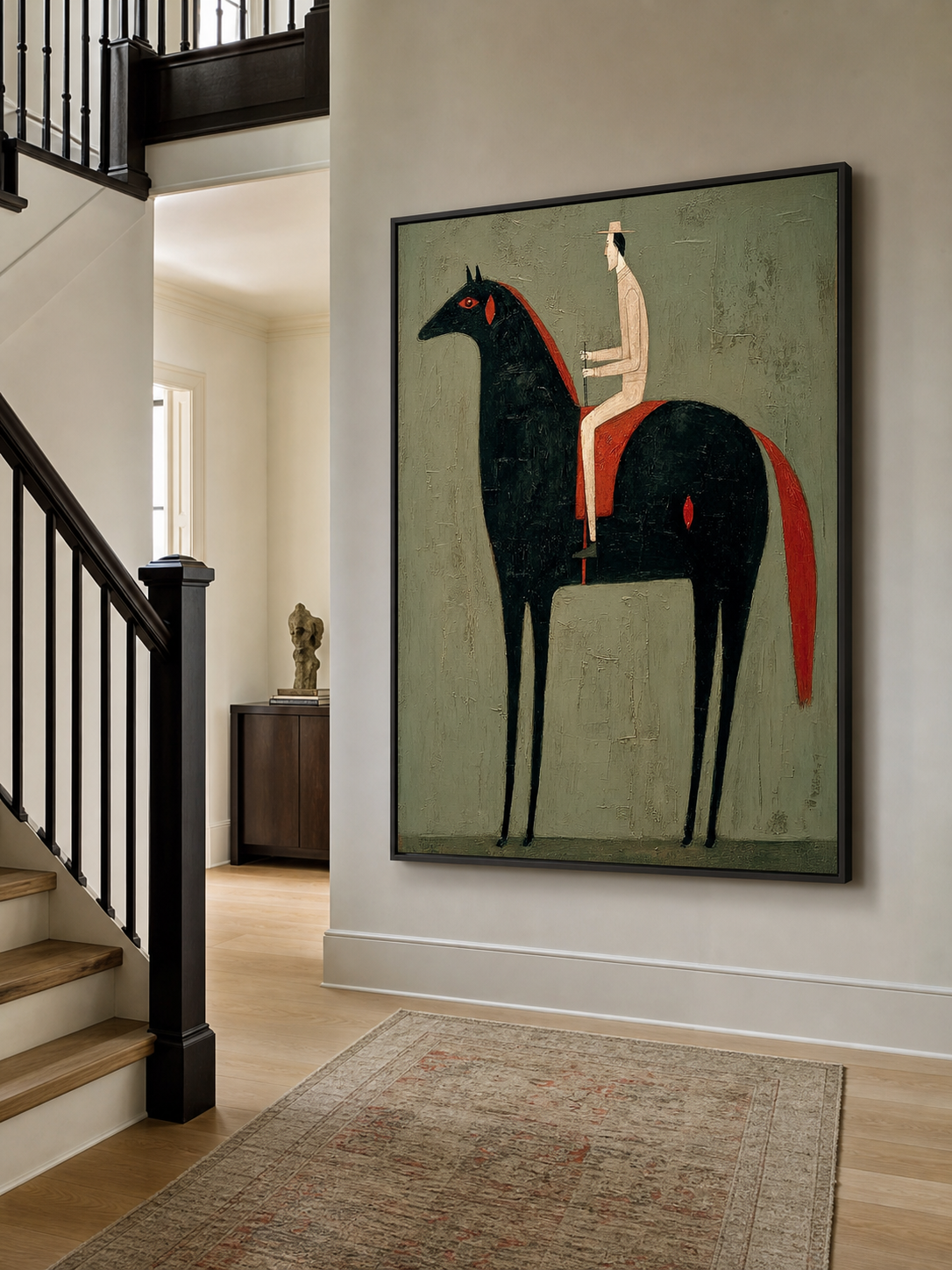Vintage Equestrian Oil Painting Black Horse And Rider Vertical Canvas Wall Art For Living Room Decor